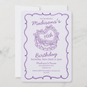 Purple Bow Sweet 16 Heart Coquette Cake Birthday Invitation