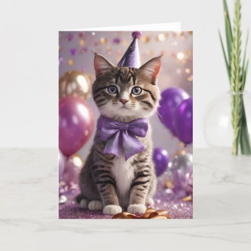 Purple Bow_tie Cat at Birthday Party  Holiday Card