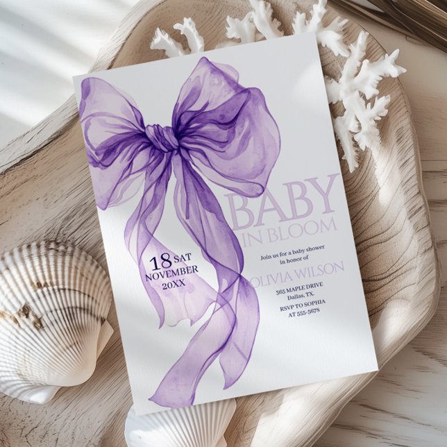 Purple Bow Watercolor Baby In Bloom Baby Shower Invitation (Creator Uploaded)
