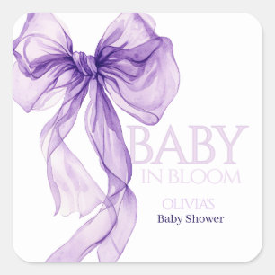 Purple Bow Watercolor Baby In Bloom Baby Shower Square Sticker