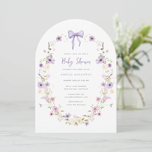 Purple Bow Wildflower Arch Baby Shower Invitation  (Standing Front)