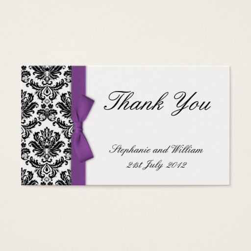 Customizable Purple Bow with Damask Thank You Cards Business Card