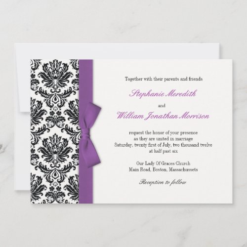 Purple Bow with Damask Wedding Invitation