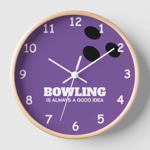 Purple bowling ball wood trim round wall clock 