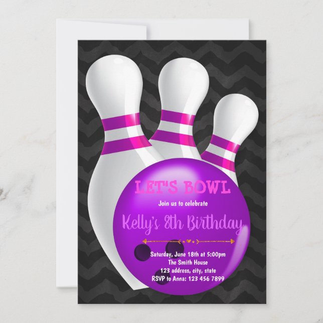 Purple bowling party invitation (Front)