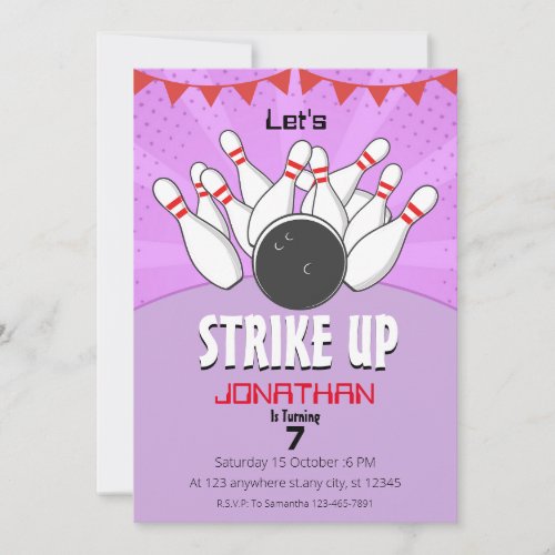  Purple Bowling Retro Birthday Party Invitation