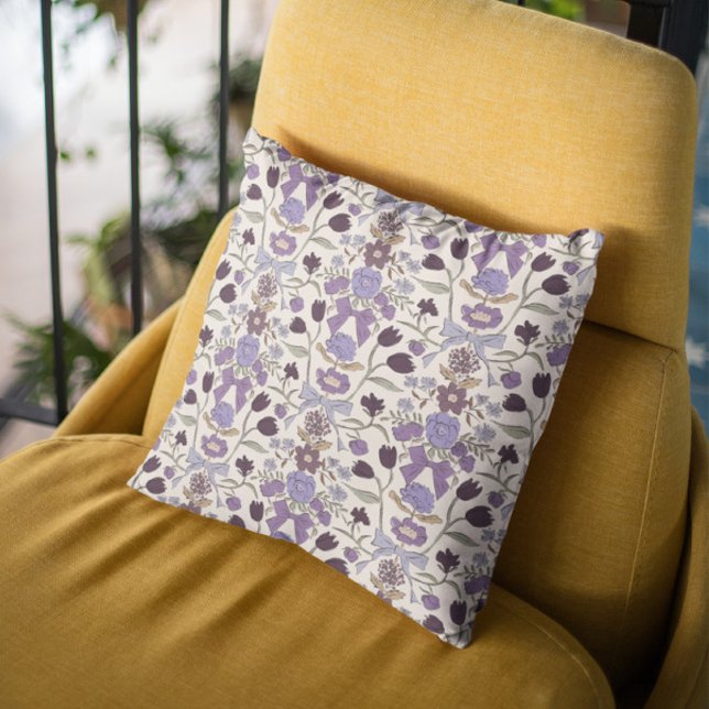 Purple Bows and Blossoms Boho Throw Pillow (Creator Uploaded)