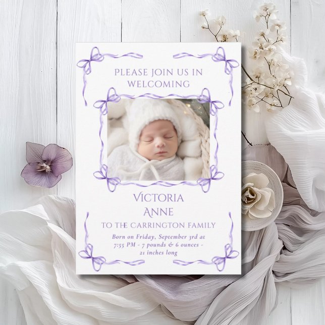 Purple Bows Baby Photo Birth Announcement Card (Creator Uploaded)