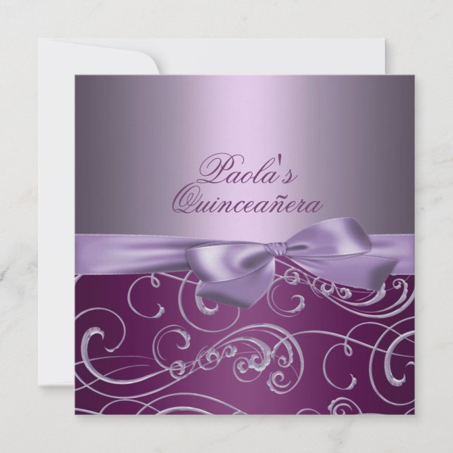 Purple Bows & Swirl Quinceañera Invitation (Front)