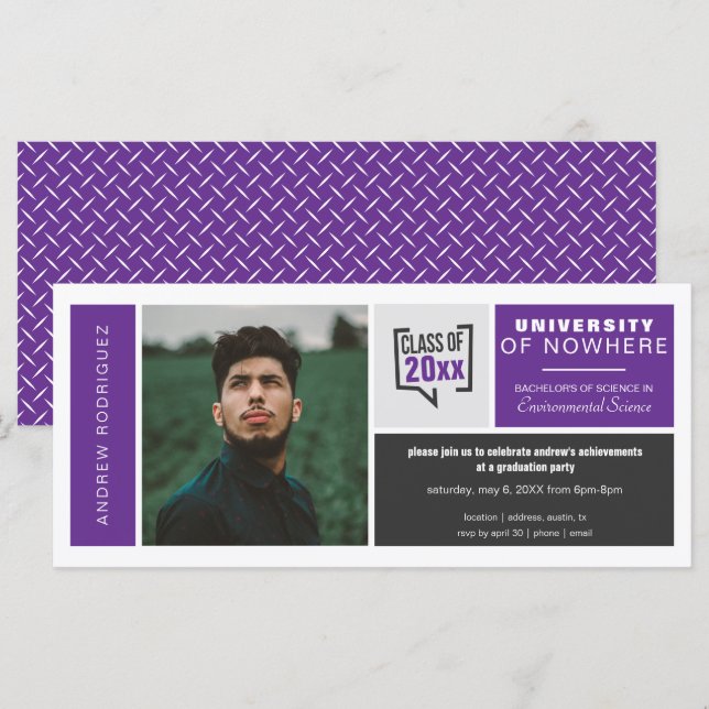 Purple Boxes & Photo Wide Graduation Invitation (Front/Back)