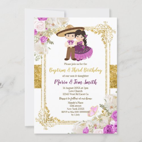 Purple Boy  Girl Baptism And Third Birthday 2 Invitation