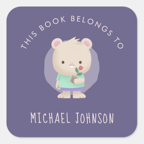 Purple Boy Mouse Illustration  Flower Kids Name Square Sticker