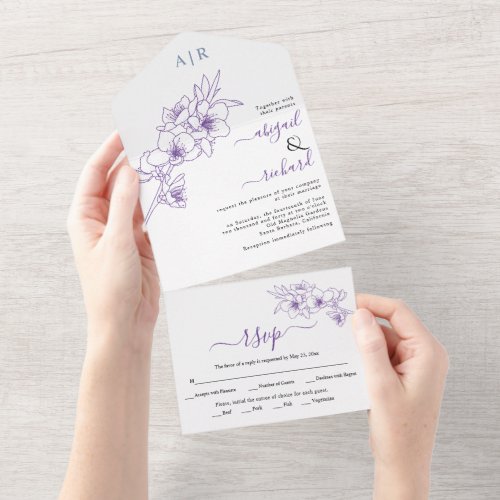 Purple branch with blossoms line art wedding all in one invitation