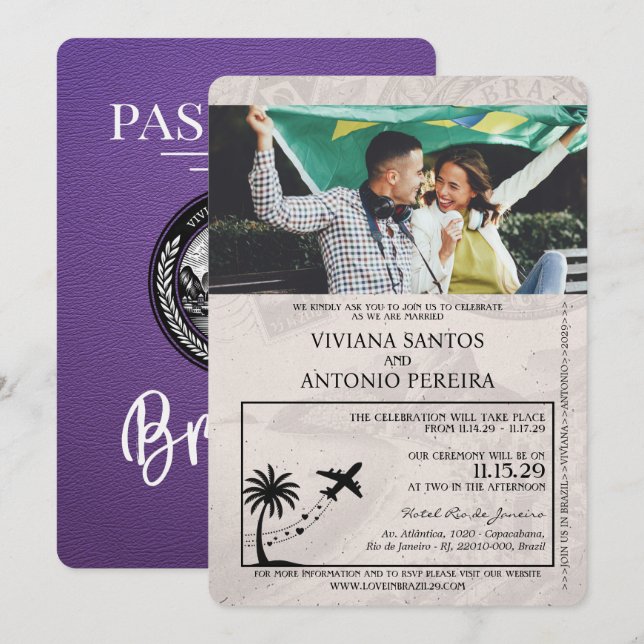 Purple Brazil Passport Wedding Invitation (Front/Back)