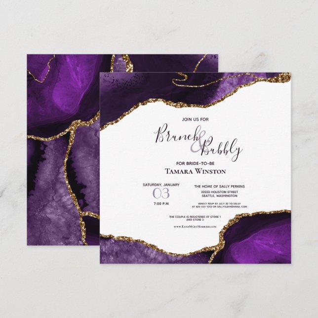 Purple Bridal Brunch & Bubbly Gold Glitter Shower Invitation (Front/Back)