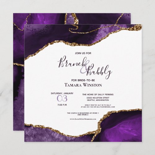 Purple Bridal Brunch  Bubbly Gold Glitter Shower Invitation