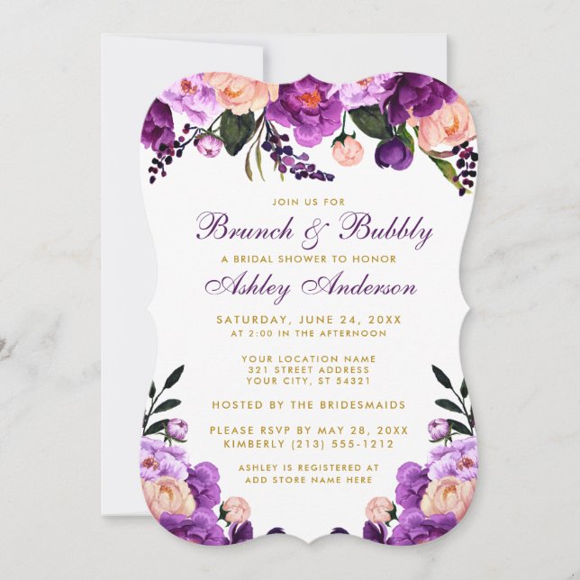 Purple Bridal Shower Brunch Gold Invite B (Front)