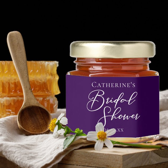 Purple Bridal Shower Personalized White Script Honey Jar Favors (Creator Uploaded)