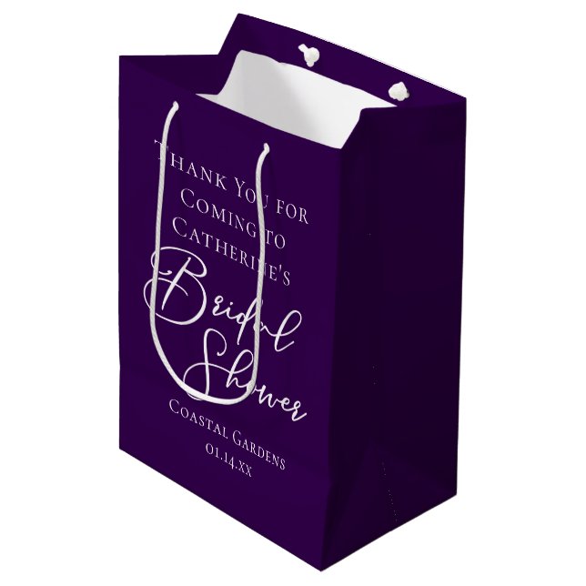 Purple Bridal Shower Personalized White Script Medium Gift Bag (Front Angled)