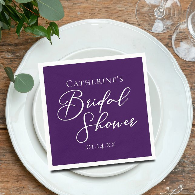Purple Bridal Shower Personalized White Script Napkins (Creator Uploaded)