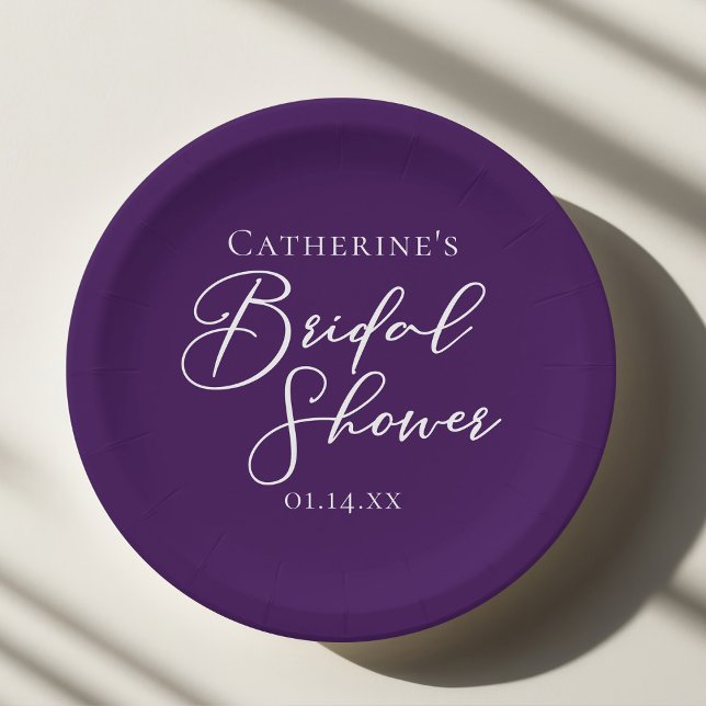 Purple Bridal Shower Personalized White Script Paper Plates (Creator Uploaded)