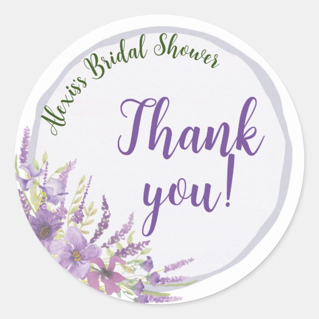 Purple bridal shower Thank you sticker (Front)