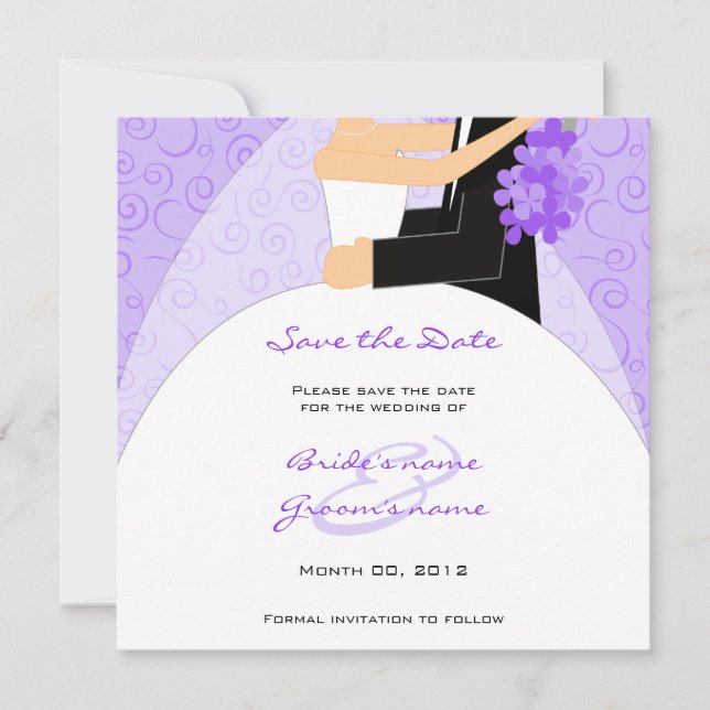 Purple Bride and Groom Save the Date Cards (Front)