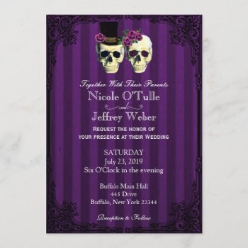 Purple Bride Groom Skulls Wedding Invitation by My_Wedding_Bliss at Zazzle