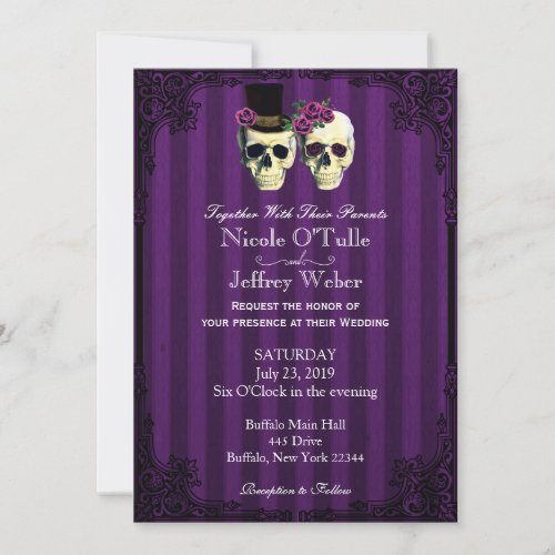 Purple Bride Groom Skulls Wedding Invitation