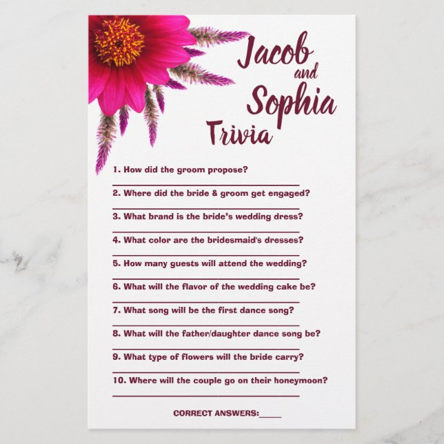 PURPLE BRIDE & GROOM TRIVIA SHOWER GAME CARD FLYER (Front)