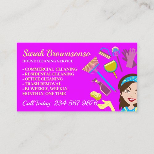 Purple Bright Clean Janitorial Lady House Cleaner Business Card
