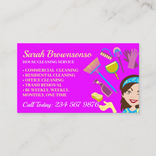 Purple Bright Clean Janitorial Lady House Cleaner Business Card