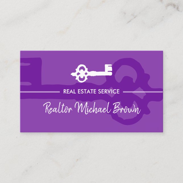 Purple Bright Vintage Key Real Estate Business Card (Front)