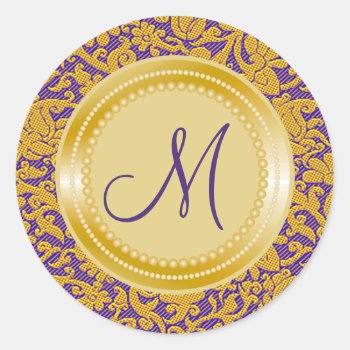 Purple Brocade Pattern Gold Wedding Monogram Classic Round Sticker by InitialsMonogram at Zazzle