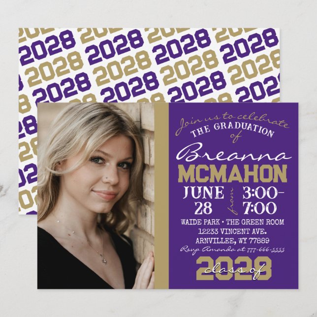 Purple & Bronze Gold Graduation Photo Invitation (Front/Back)
