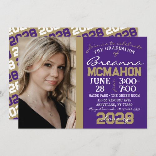 Purple  Bronze Gold Graduation Photo Invitation