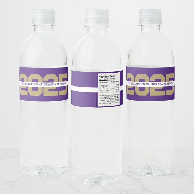 Purple & Bronze Gold Personalized Graduation Water Bottle Label (Creator Uploaded)
