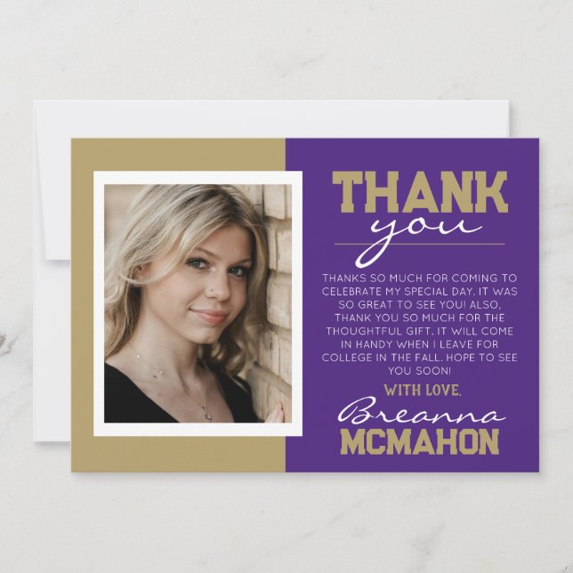 Purple & Bronze Graduation Photo Thank You Card (Front)