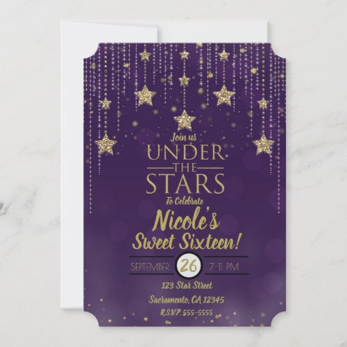 Purple  Bronze Under The Stars Starry Sweet 16 Invitation