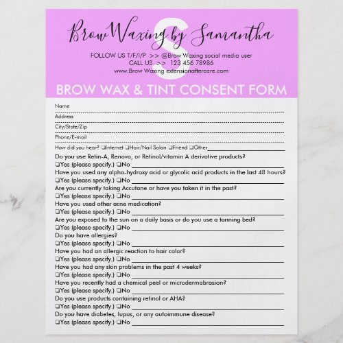 Purple Brow Wax Tint Customer Consent Waiver Form Flyer