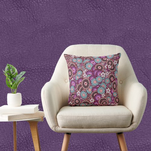 Purple Brown and Turquoise Vintage Floral Throw Pillow