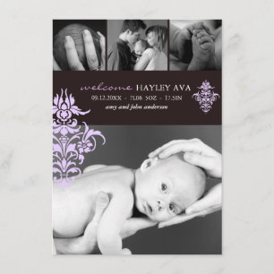 Purple & Brown Damask Birth Announcement