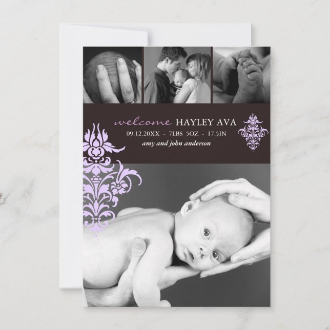 Purple & Brown Damask Birth Announcement (Front)