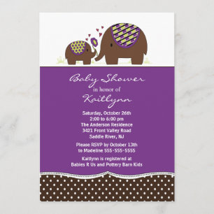 Purple & Brown Elephant Baby Shower Invitation