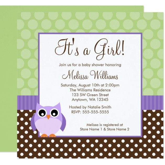 Purple Brown Green Owl Polka Dot Girl Baby Shower Invitation