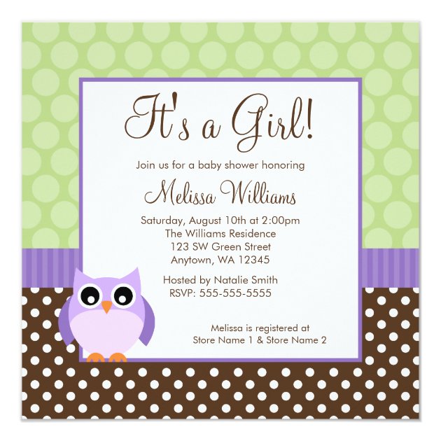 Purple Brown Green Owl Polka Dot Girl Baby Shower Invitation
