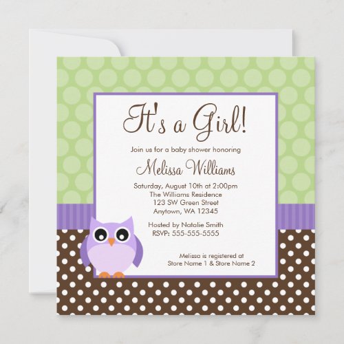 Purple Brown Green Owl Polka Dot Girl Baby Shower Announcement