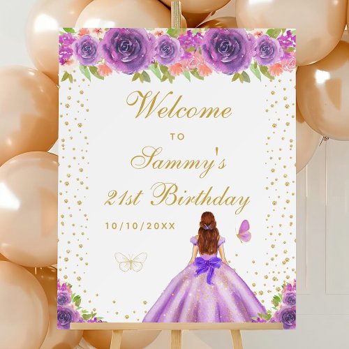 Purple Brown Hair Girl Birthday Party Welcome Foam Board