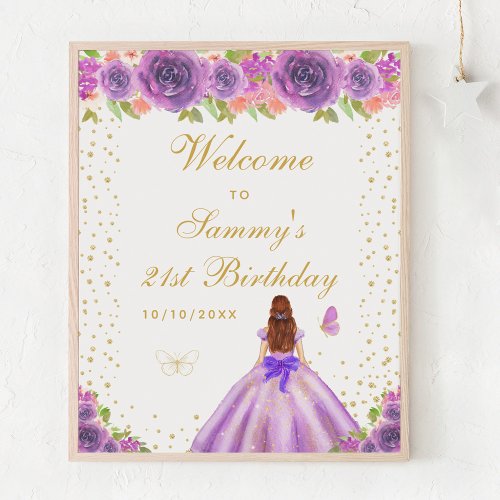 Purple Brown Hair Girl Birthday Party Welcome Poster