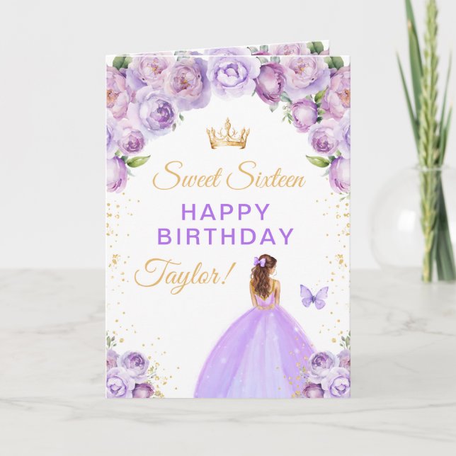 Purple Brown Hair Girl Sweet Sixteen Birthday Card (Front)
